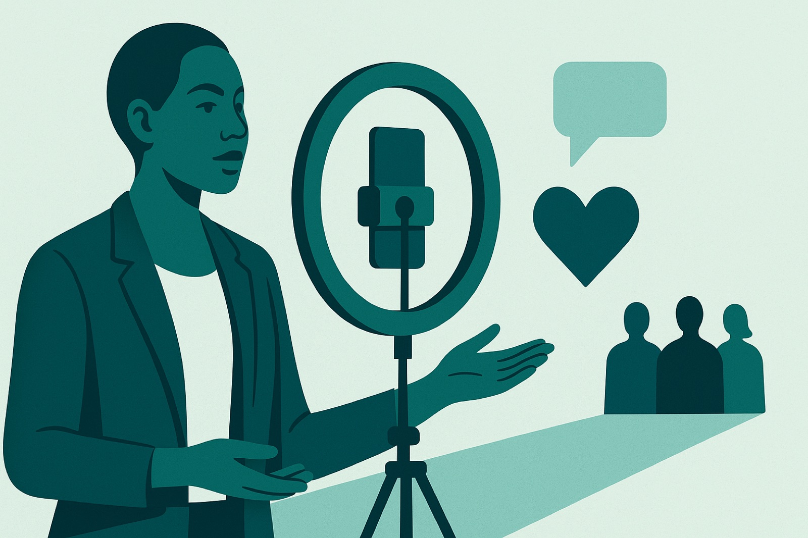 A content creator filming on a ring-light smartphone with floating heart, speech bubble and audience figures, representing influencer marketing