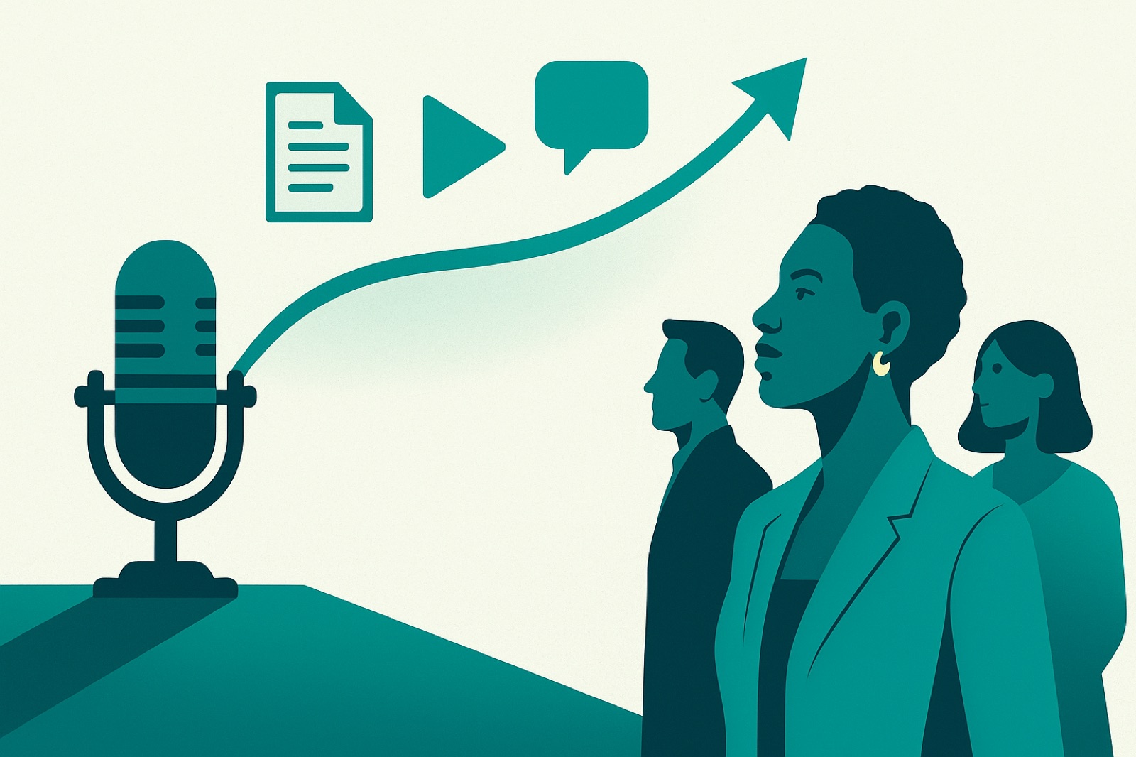 Microphone with content icons reaching an audience